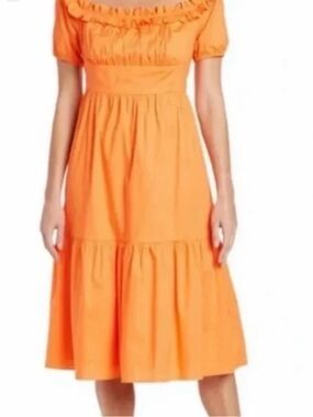 BCBGeneration Orange Off-Shoulder Ruffle Midi Dress